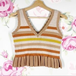 Storia Stripe Orange Yellow Cream V Neck Cropped Knit Sweater Tank Top S